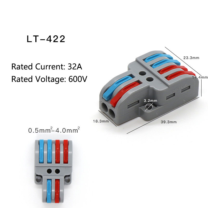 2in4 LT422, 2in6 LT623, 3in6 LT633, 3in9 LT933 Quick Clamp Terminal Push-In Electrical Wire Connectors 2in4 LT422, 2in6 LT623, 3in6 LT633, 3in9 LT933 Quick Clamp Terminal Push-In Electrical Wire Connectors